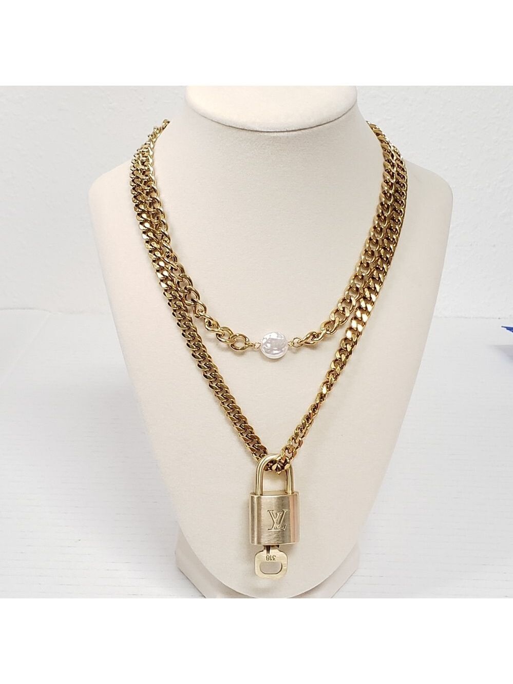 Louis Vuitton Lock & Key Gold with Unbranded Cuban Style Stainless Double Chain